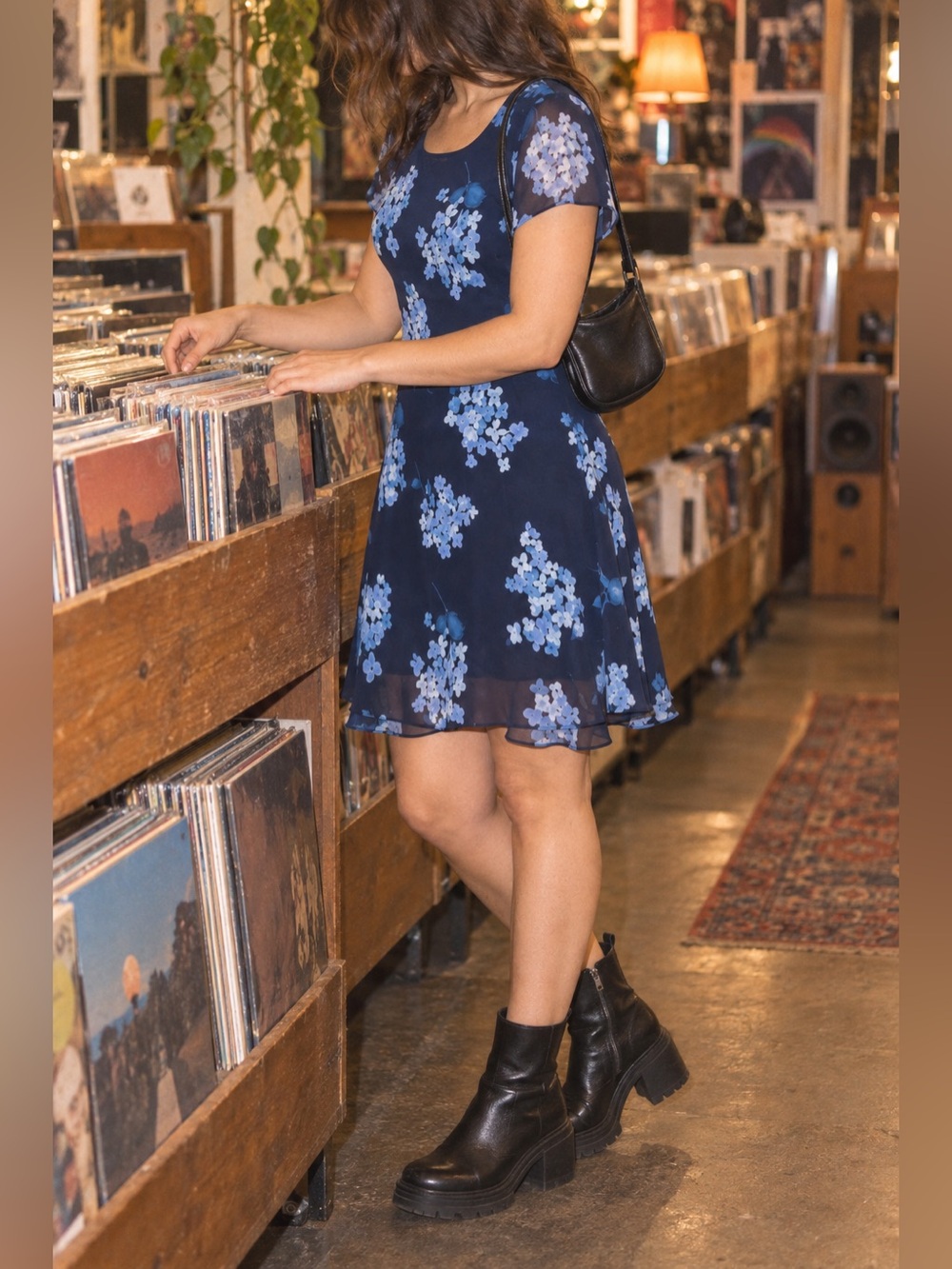 Vintage Molly Malloy Petite 12P Navy Blue Floral Chiffon Dress